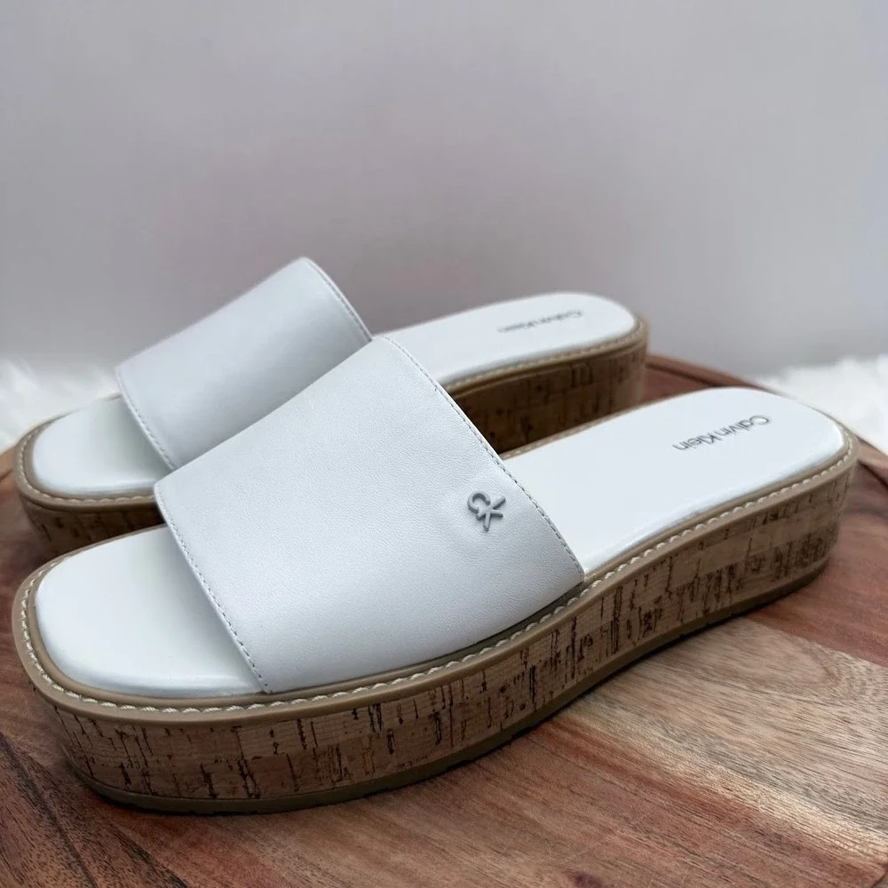 Calvin Klein White Arzelia Leather Cork Platform‎ Slide Sandals Womens 9.5 M